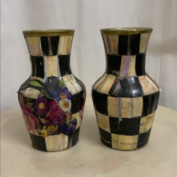 Vintage Bud Vases Flower Market Courtly Check Decoupaged Mackenzie Childs - Picture 7 of 8
